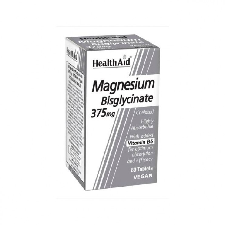 Health Aid Magnesium Bisglycinate 375mg 60tabs | Συμπλήρωμα Διατροφής με Χηλικό Μαγνήσιο & Βιταμίνη Β6 ΒΙΤΑΜΙΝΕΣ