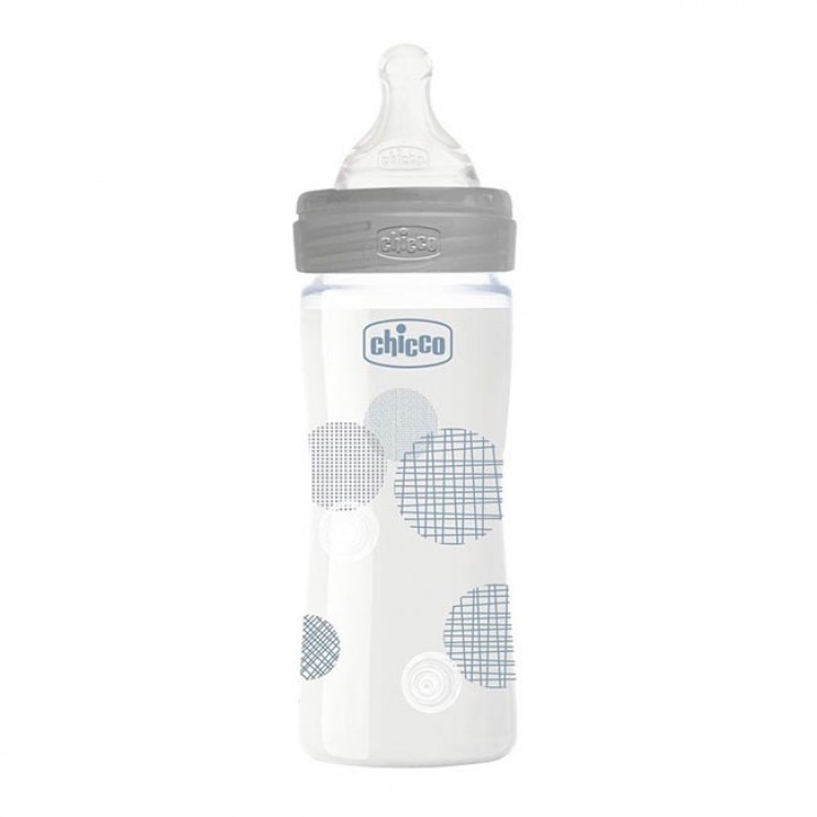 Chicco Well Being Μπιμπερό Γυάλινο Unisex 0m+ 240ml | Μπιμπερό Με Θηλή Σιλικόνης Αργής Ροής Γκρι 