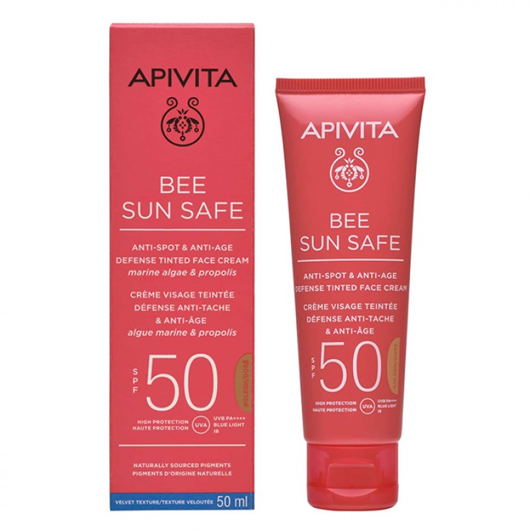 Apivita Bee Sun Safe Anti-Spot & Anti-Age Tinted Golden SPF50 50ml | Αντιηλιακή Κρέμα Προσώπου κατά των Πανάδων & των Ρυτίδων με Χρώμα Golden Απόχρωση