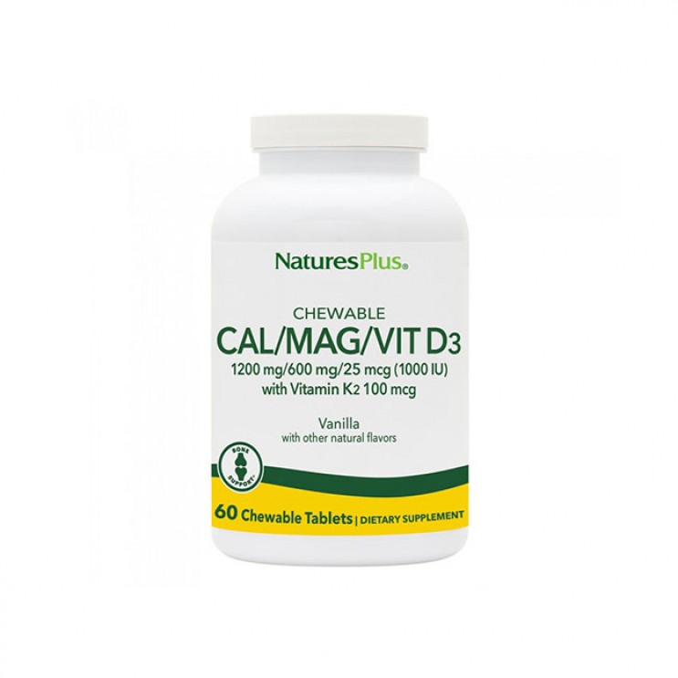 Nature's Plus Cal/Mag/Vit D3 with Vitamin K2 60chew. tabs | Συμπλήρωμα Διατροφής για την Υγεία των Οστών ,με Γεύση Βανίλια