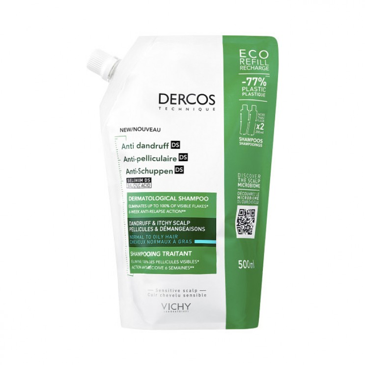 Vichy Dercos Anti-Dandruff DS Greasy Hair Eco Refill 500ml | Αντιπυτιριδικό Σαμπουάν για Κανονικά & Λιπαρά Μαλλιά σε Οικολογική Συσκευασία   Σαμπουάν