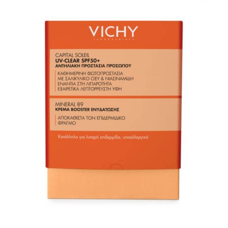 Vichy Capital Soleil UV-Clear Water Fluid Spf50+ Anti-Imperfections Λεπτόρρευστο Αντηλιακό Προσώπου για Λιπαρό Δέρμα με Ατέλειες  40ml & Δώρο Mineral 89 Κρέμα Booster Ενυδάτωσης 15ml