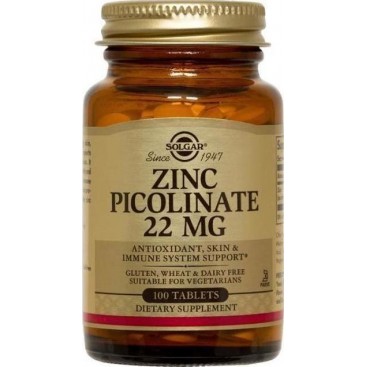 Solgar Zinc Picolinate 22mg 100tabs |  Συμπλήρωμα Διατροφής Ψευδαργύρου