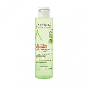 A-Derma Exomega Control 2in1 Gel Lavant Emollient 200ml | Μαλακτικό Τζελ Καθαρισμού για το Ατοπικό Δέρμα κατάλληλο για Σώμα και Μαλλιά