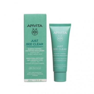 Apivita Just Bee Clear Blemish Control Mattifying Moisturizer 40ml | Κρέμα Προσώπου κατά των Ατελειών για Ενυδάτωση & Ματ Αποτέλεσμα 