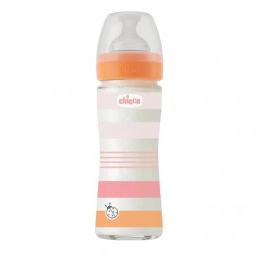 Chicco Well Being Μπιμπερό Γυάλινο Girl 0m+ 240ml | Μπιμπερό Με Θηλή Σιλικόνης Αργής Ροής Πορτοκαλί