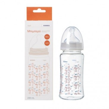 Korres Agali Feeding Bottle 0m+, 230ml | Μπιμπερό Γυάλινο με Θηλή Σιλικόνης Αργής Ροής