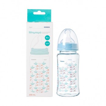 Korres Agali Feeding Bottle 3m+, 230ml | Μπιμπερό Γυάλινο με Θηλή Σιλικόνης Μεσαίας Ροής