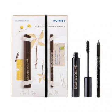 Korres Volcanic Minerals Mascara Drama Volume 01 Black Μάσκαρα για Μέγιστο Όγκο\Πολυδιάστατες Βλεφαρίδες Μαύρο 11ml & Black Volcanic Minerals Long Lasting Eyeliner Μολύβι για το Περίγραμμα των Ματιών, Μαύρο 1.2gr