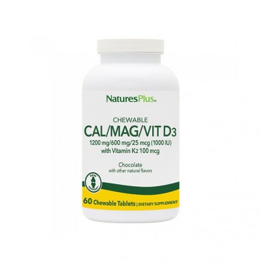 Nature's Plus Cal/Mag/Vit D3 with Vitamin K2 60chew. tabs | Συμπλήρωμα Διατροφής για την Υγεία των Οστών ,με Γεύση Σοκολάτα