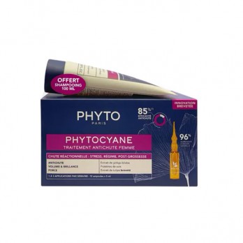 Phyto Phytocyane Promo Reactional Hair Loss Treatment for Women Αγωγή Αντιδραστικής Τριχόπτωσης για Γυναίκες, 12amps x 5ml & Δώρο Αναζωογονητικό Σαμπουάν, 100ml