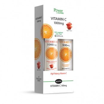 Power Health Vitamin C 1000mg με Στέβια με Γεύση Μήλο 24eff.tabs  & Δώρο Vitamin C 500mg Πορτοκάλι 20eff.tabs