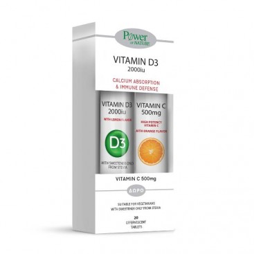 Power Health Vitamin D3 2000iu stevia Συμπλήρωμα Διατροφής Βιταμίνης D3 20eff.tabs & Δώρο Vitamin C 500mg Πορτοκάλι 20eff.tabs