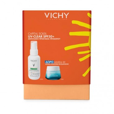 Vichy Capital Soleil UV-Clear Water Fluid Spf50+ Anti-Imperfections Λεπτόρρευστο Αντηλιακό Προσώπου για Λιπαρό Δέρμα με Ατέλειες  40ml & Δώρο Mineral 89 Κρέμα Booster Ενυδάτωσης 15ml