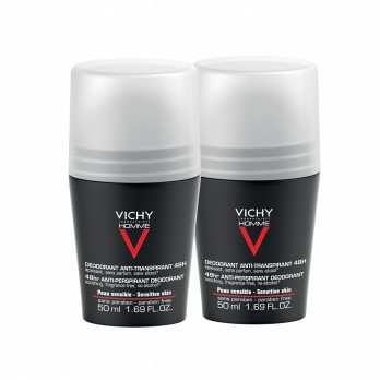 Vichy Homme 48h Deodorant Roll On 2x50ml | Ανδρικό Αποσμητικό για Ευαίσθητες Επιδερμίδες (με έκπτωση -50% στο δεύτερο προϊόν)